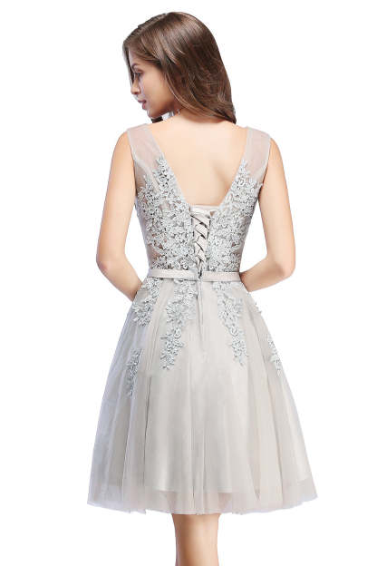 Sleeveless Appliques Tulle Lace V-Neck Knee Length Dress-BMbridal