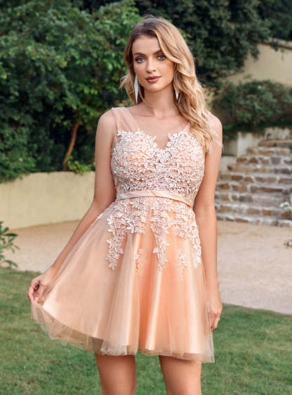 Sleeveless Appliques Tulle Lace V-Neck Knee Length Dress-BMbridal