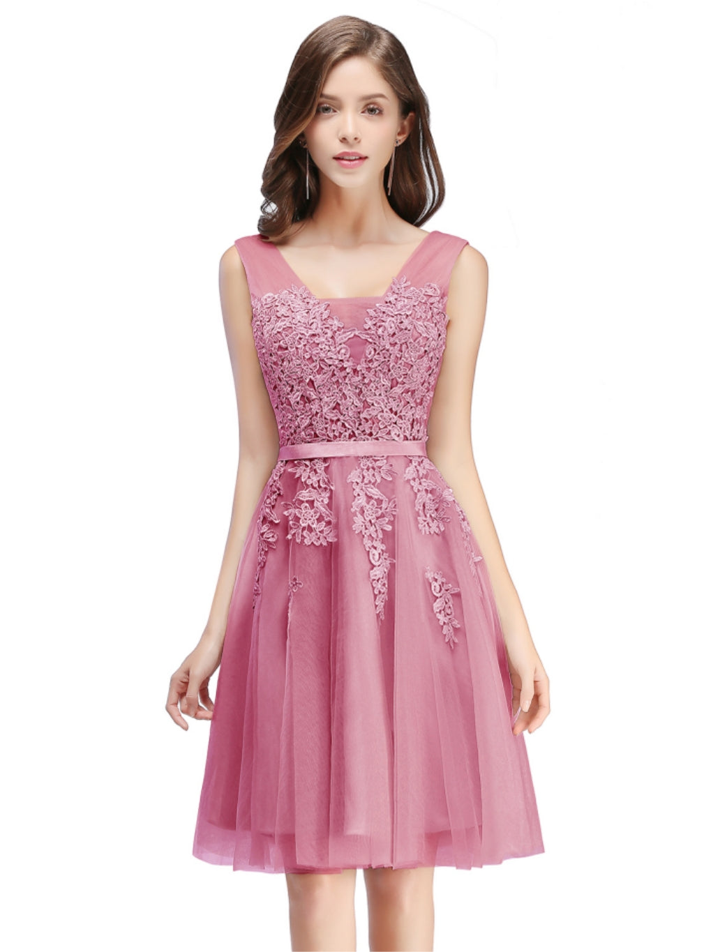 Sleeveless Appliques Tulle Lace V-Neck Knee Length Dress-BMbridal