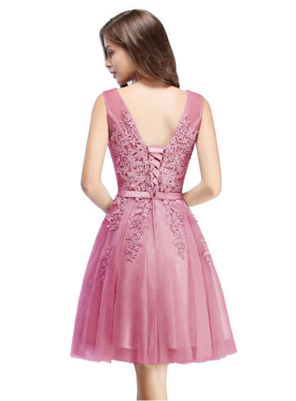 Sleeveless Appliques Tulle Lace V-Neck Knee Length Dress-BMbridal