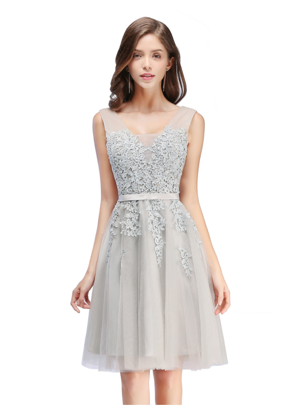 Sleeveless Appliques Tulle Lace V-Neck Knee Length Dress-BMbridal
