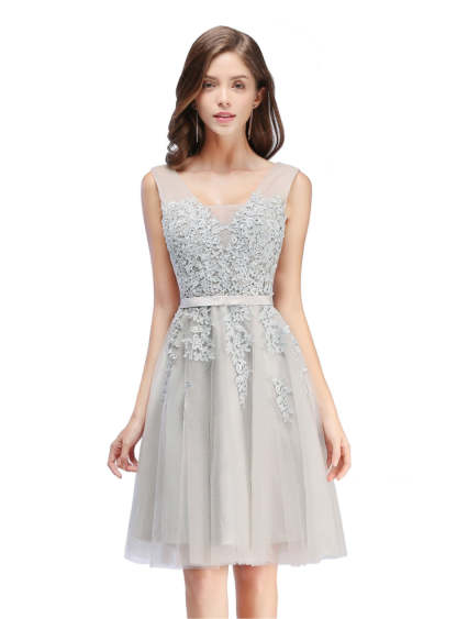 Sleeveless Appliques Tulle Lace V-Neck Knee Length Dress-BMbridal