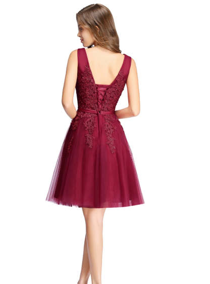Sleeveless Appliques Tulle Lace V-Neck Knee Length Dress-BMbridal