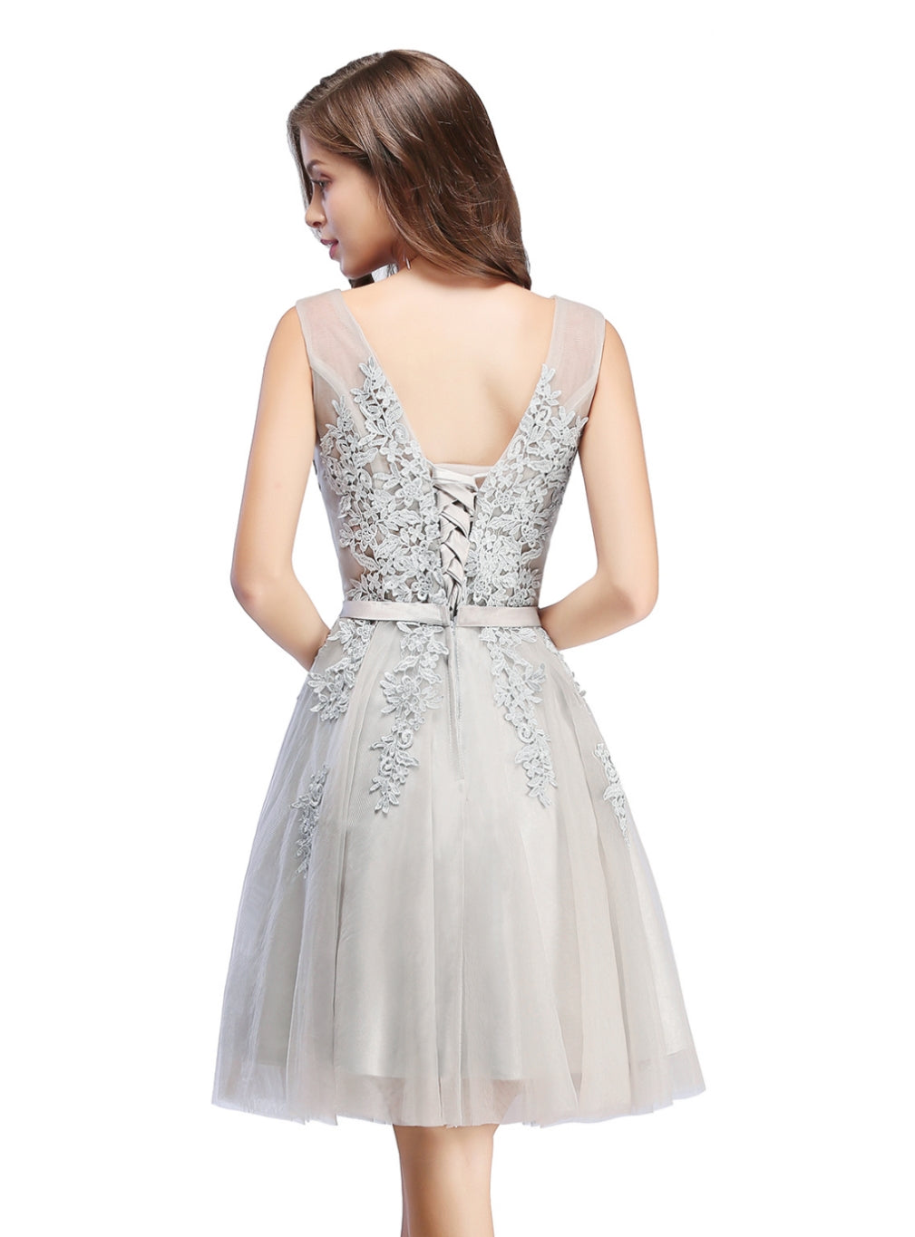 Sleeveless Appliques Tulle Lace V-Neck Knee Length Dress-BMbridal