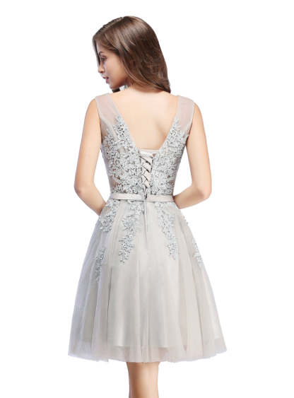 Sleeveless Appliques Tulle Lace V-Neck Knee Length Dress-BMbridal