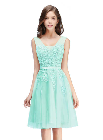 Sleeveless Appliques Tulle Lace V-Neck Knee Length Dress-BMbridal