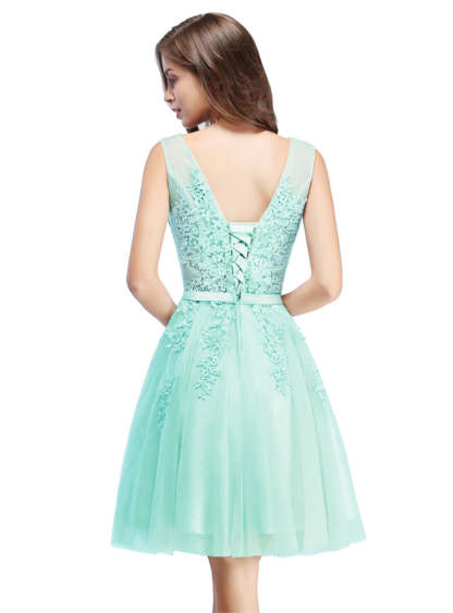 Sleeveless Appliques Tulle Lace V-Neck Knee Length Dress-BMbridal