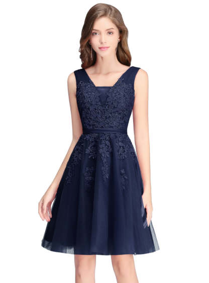 Sleeveless Appliques Tulle Lace V-Neck Knee Length Dress-BMbridal