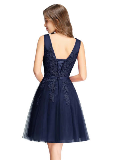 Sleeveless Appliques Tulle Lace V-Neck Knee Length Dress-BMbridal