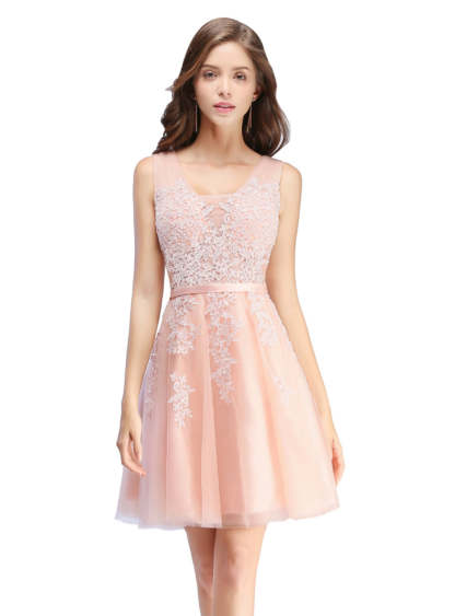 Sleeveless Appliques Tulle Lace V-Neck Knee Length Dress-BMbridal
