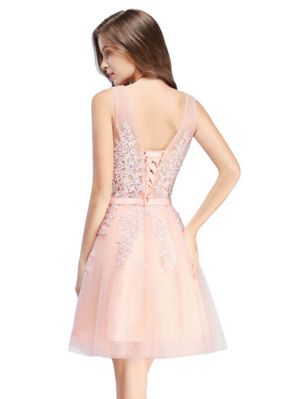 Sleeveless Appliques Tulle Lace V-Neck Knee Length Dress-BMbridal