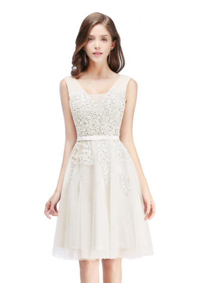 Sleeveless Appliques Tulle Lace V-Neck Knee Length Dress-BMbridal