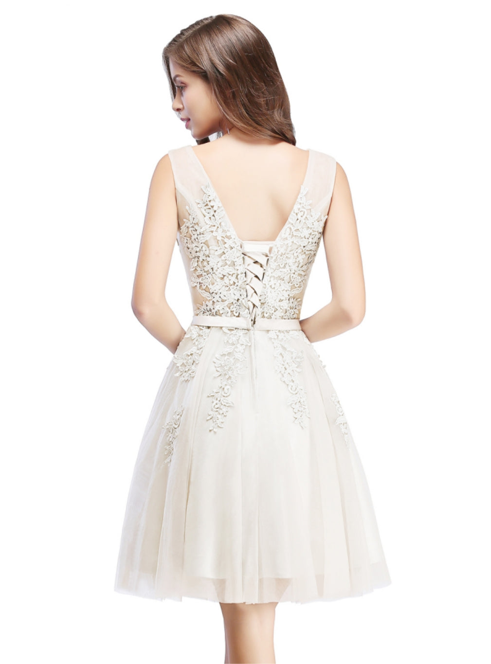 Sleeveless Appliques Tulle Lace V-Neck Knee Length Dress-BMbridal