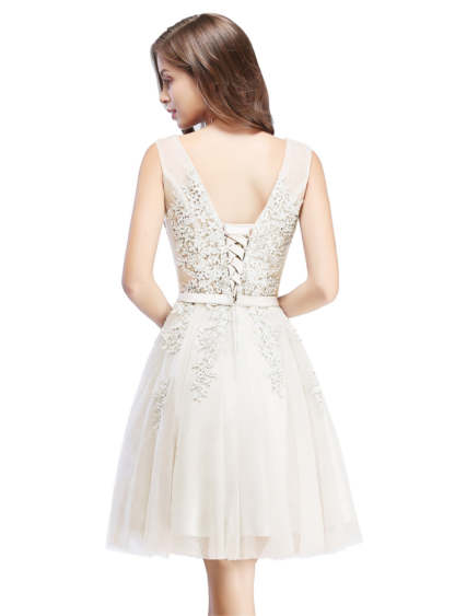 Sleeveless Appliques Tulle Lace V-Neck Knee Length Dress-BMbridal