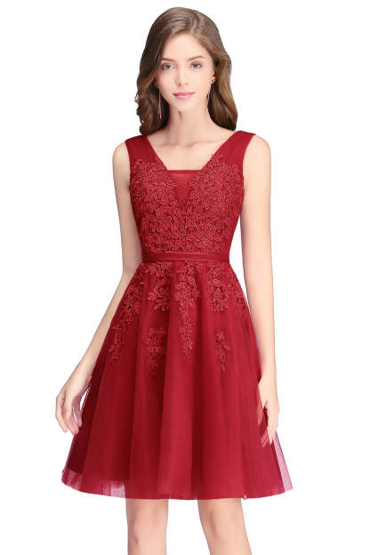 Sleeveless Appliques Tulle Lace V-Neck Knee Length Dress-BMbridal