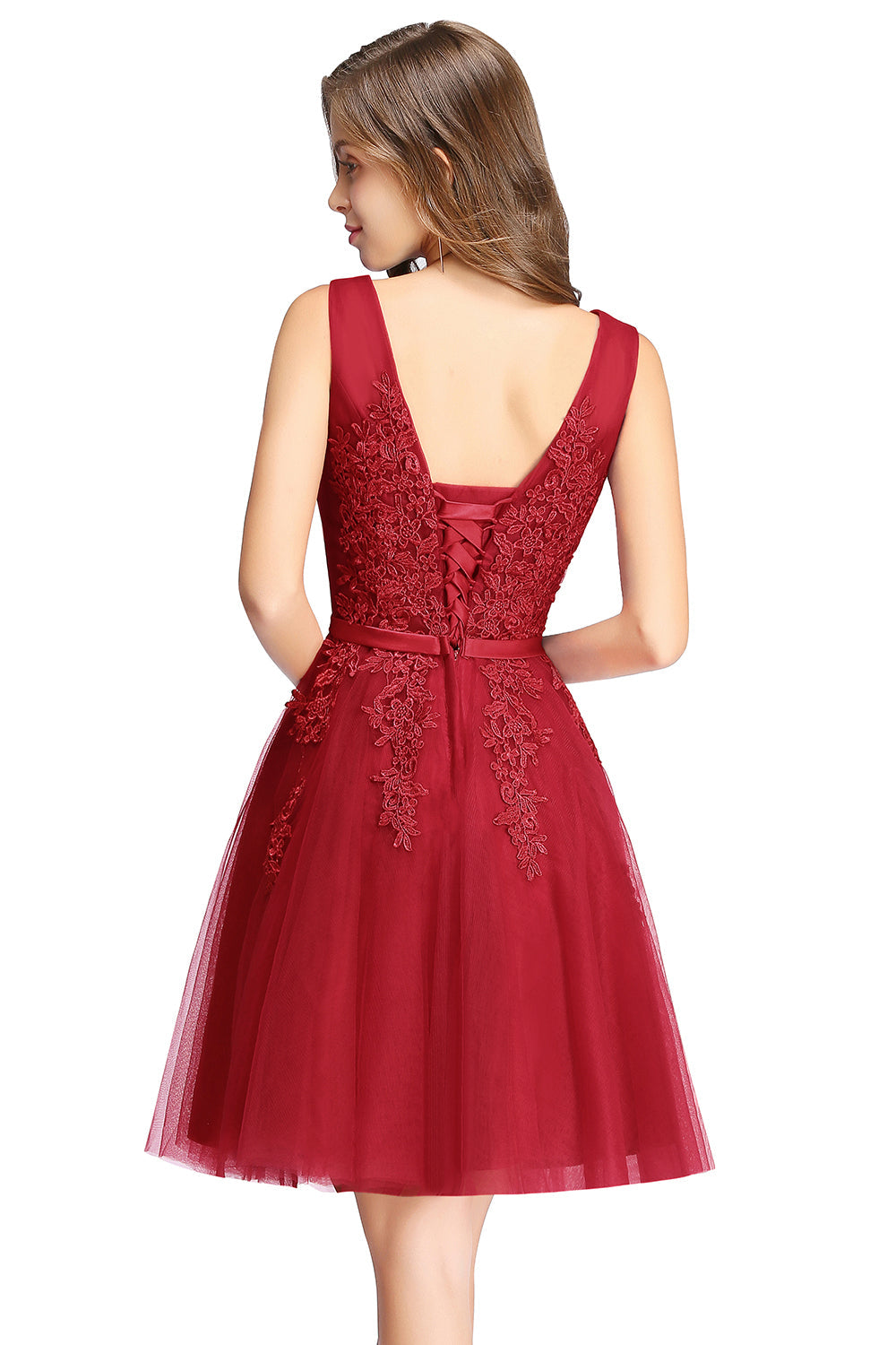 Sleeveless Appliques Tulle Lace V-Neck Knee Length Dress-BMbridal