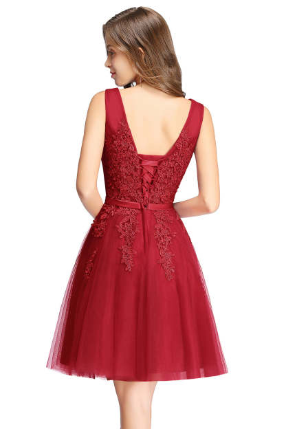 Sleeveless Appliques Tulle Lace V-Neck Knee Length Dress-BMbridal