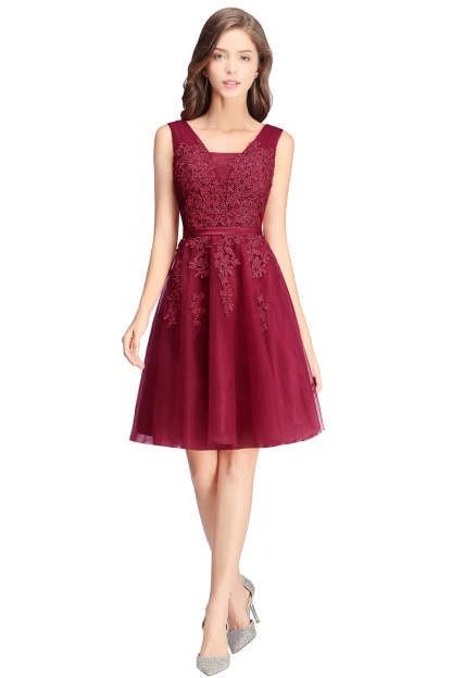 Sleeveless Appliques Tulle Lace V-Neck Knee Length Dress-BMbridal