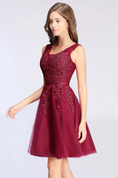 Sleeveless Appliques Tulle Lace V-Neck Knee Length Dress-BMbridal