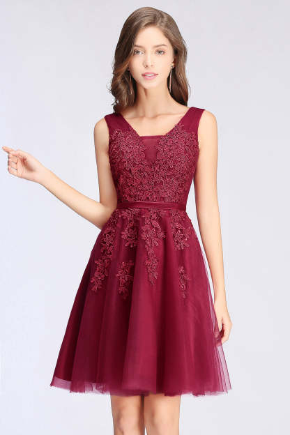 Sleeveless Appliques Tulle Lace V-Neck Knee Length Dress-BMbridal