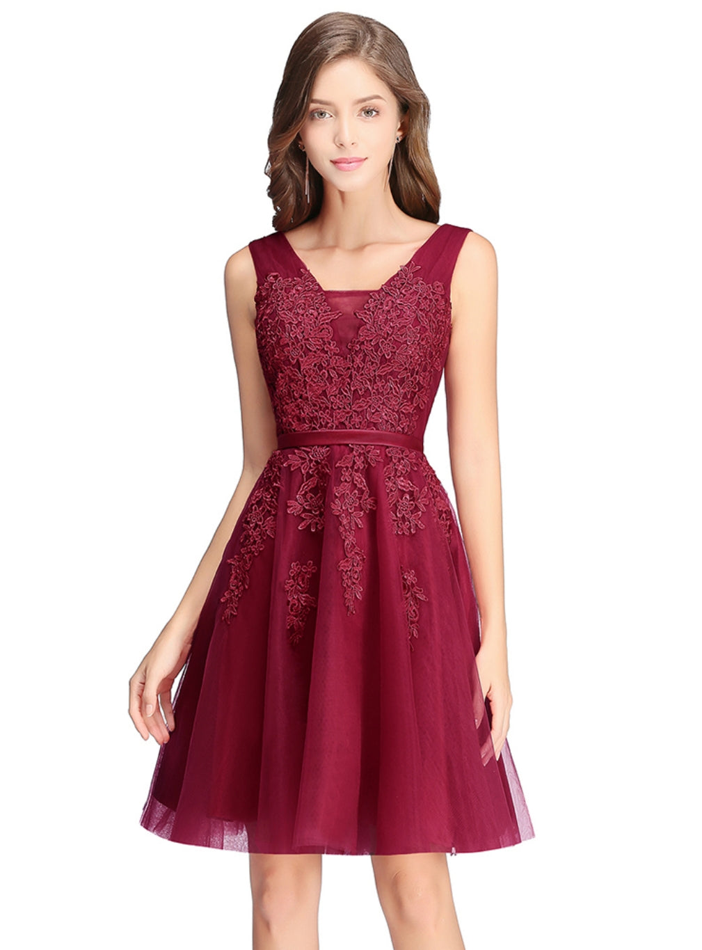 Sleeveless Appliques Tulle Lace V-Neck Knee Length Dress-BMbridal