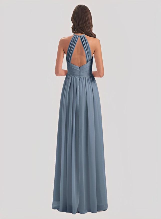 A-Line Halter Sleeveless Floor-Length Chiffon Bridesmaid Dresses With Back Hole