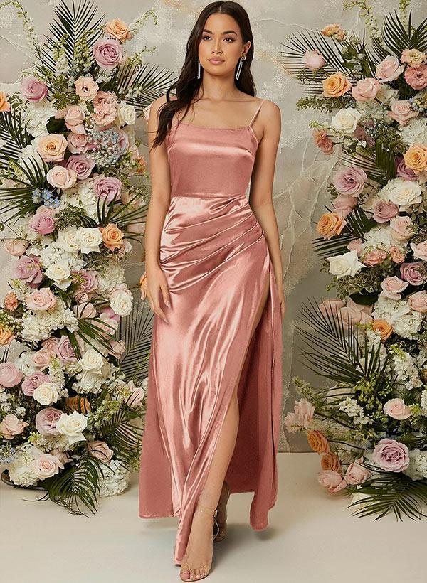 Sleeveless Floor-Length Charmeuse Bridesmaid Dresses With Split Front