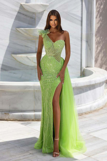 Sleeveless One Shoulder Sweetheart Lace Prom Dress With Beading-BMbridal.com