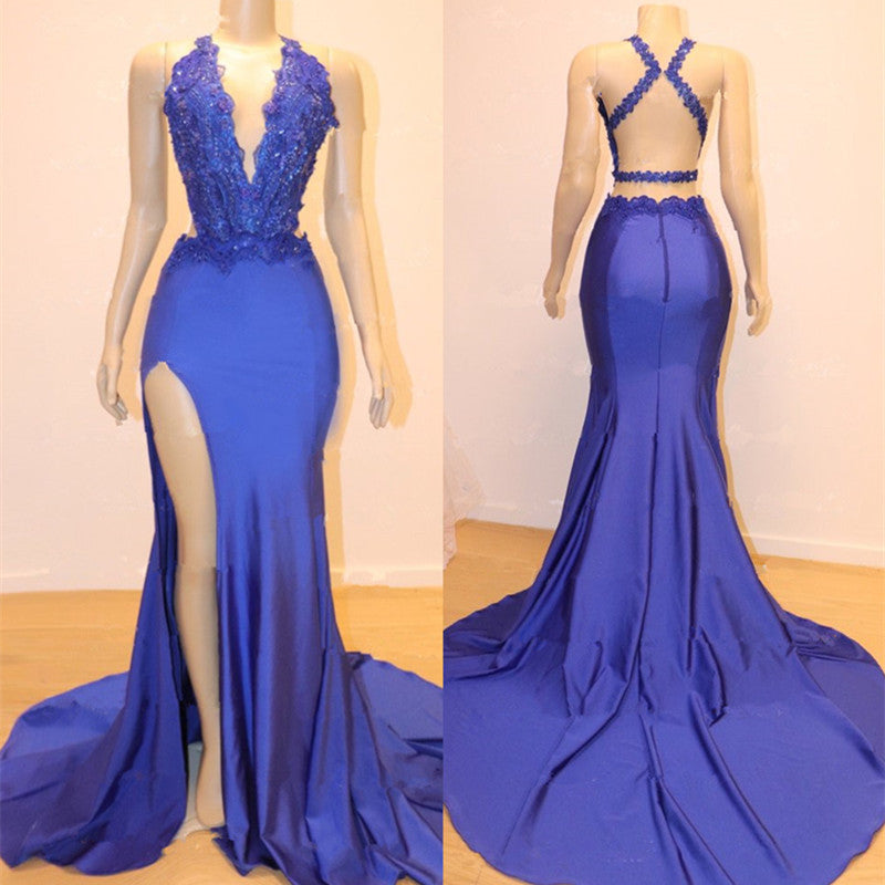 Sleeveless Prom Dress Mermaid Split With Lace Appliques-BMbridal.com