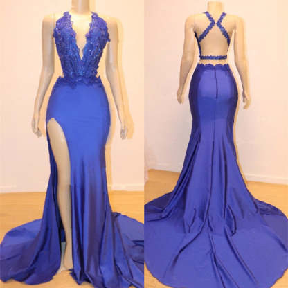 Sleeveless Prom Dress Mermaid Split With Lace Appliques-BMbridal.com