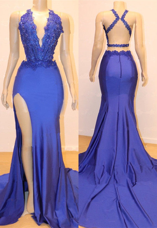 Sleeveless Prom Dress Mermaid Split With Lace Appliques-BMbridal.com