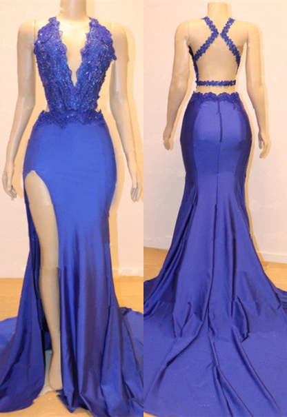 Sleeveless Prom Dress Mermaid Split With Lace Appliques-BMbridal.com