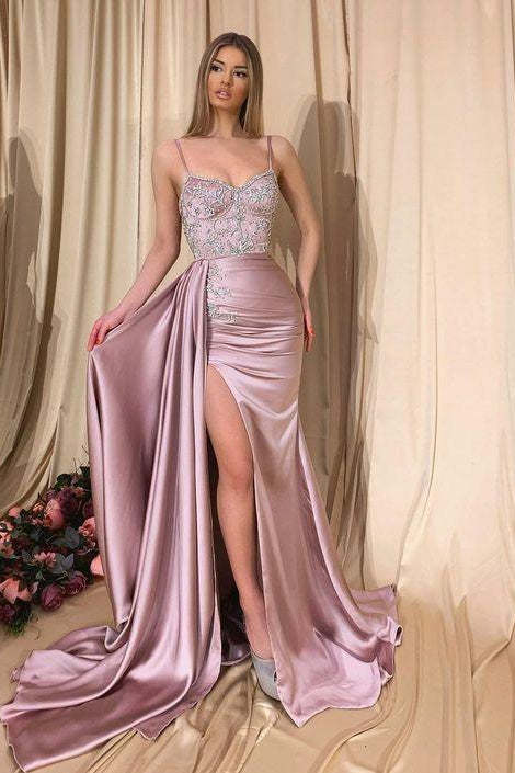 Spaghetti Strap Satin Side Split Pink Mermaid Prom Dresses with Detachable Skirt-BMbridal.com