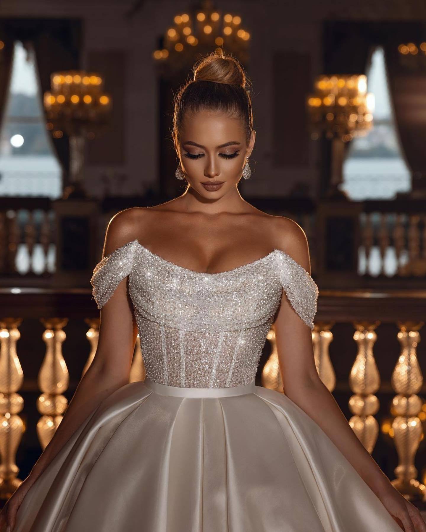 Sparkly Off-the-Shoulder Sequins A-line Bridal Dress with Detachable Sweep Train-BMbridal.com