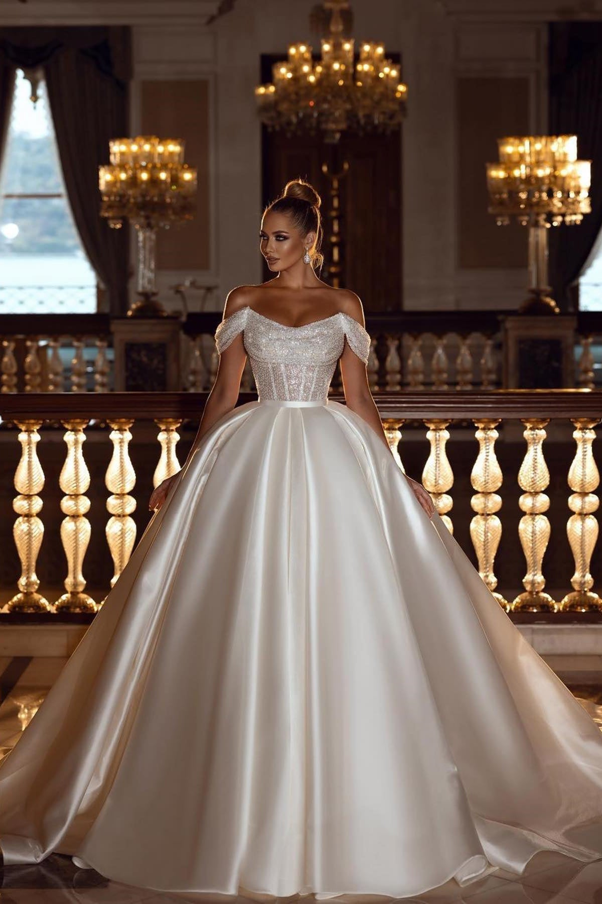 Sparkly Off-the-Shoulder Sequins A-line Bridal Dress with Detachable Sweep Train-BMbridal.com