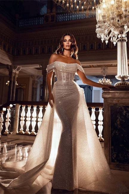 Sparkly Off-the-Shoulder Sequins Mermaid Bridal Dress with Detachable Sweep Train-BMbridal.com