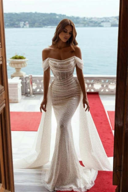 Sparkly Off-the-Shoulder Sequins Mermaid Bridal Dress with Detachable Sweep Train-BMbridal.com