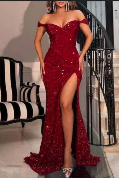 Sparkly Red Off-the-shoulder Long Mermaid Prom Dresses With Slit-BMbridal.com
