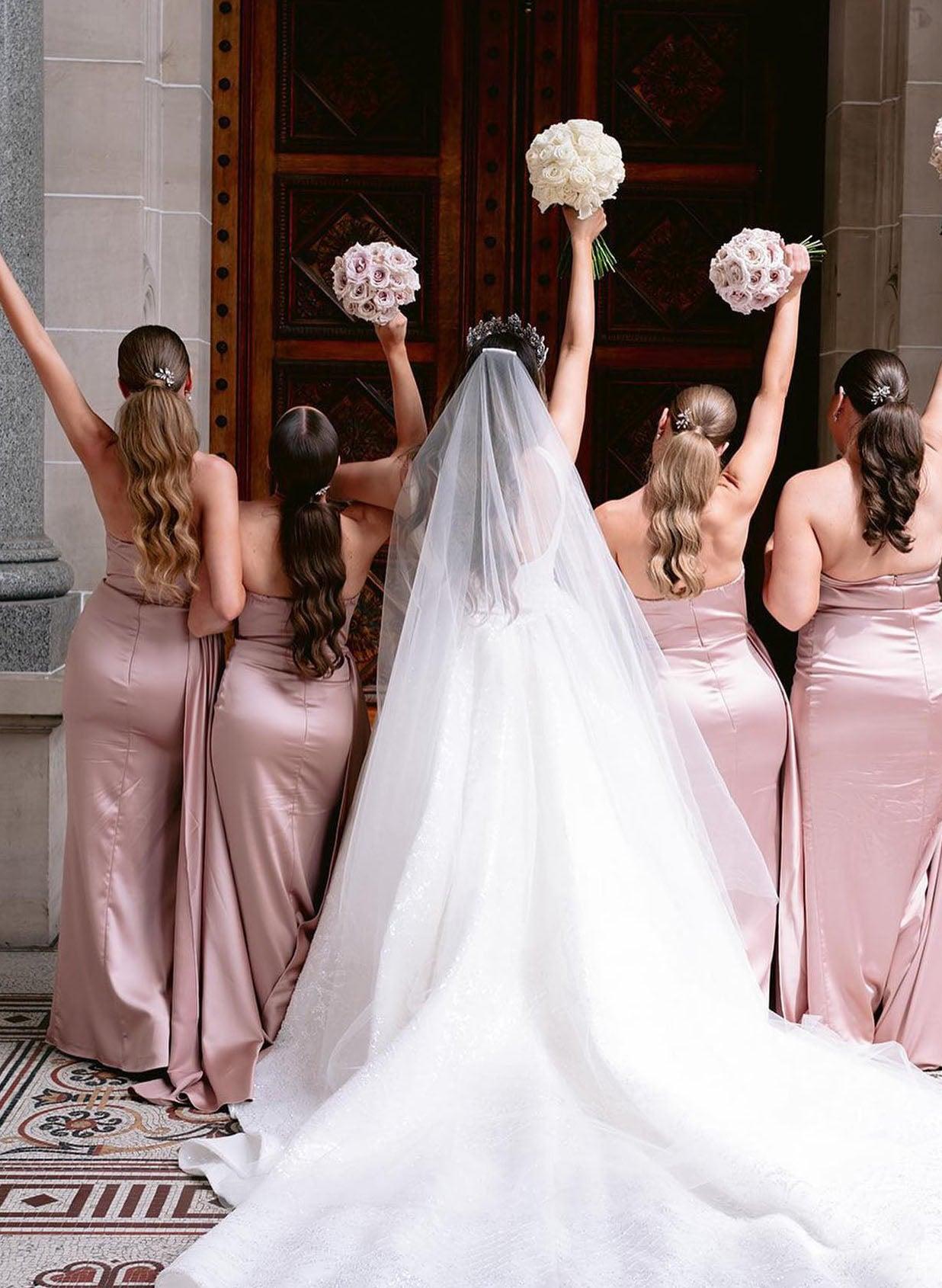 Strapless Satin Slit Simple Bridesmaid Dresses