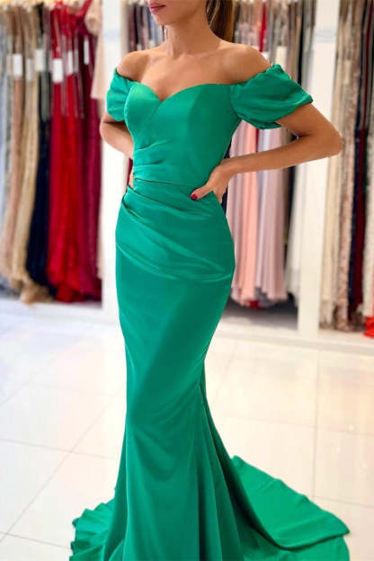 Stunning Off-the-Shoulder Satin Mermaid Evening Gown-BMbridal.com