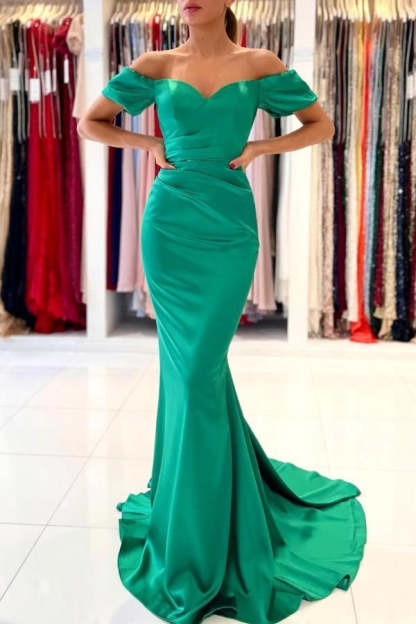 Stunning Off-the-Shoulder Satin Mermaid Evening Gown-BMbridal.com