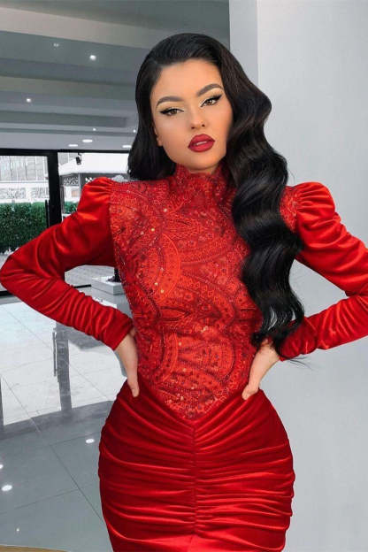 Stunning Red Velvet High Neck Mermaid Prom Dress Long Sleeves-BMbridal.com