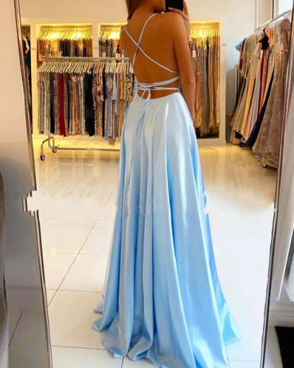 Stunning Spaghetti Straps Satin Evening Dress with Side Slit-BMbridal.com