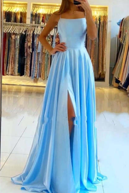 Stunning Spaghetti Straps Satin Evening Dress with Side Slit-BMbridal.com