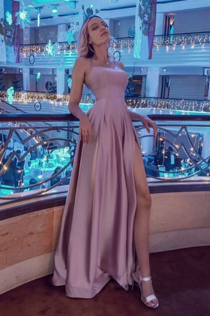 Stunning Spaghetti Straps Satin Evening Dress with Side Slit-BMbridal.com