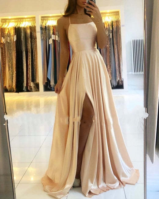 Stunning Spaghetti Straps Satin Evening Dress with Side Slit-BMbridal.com