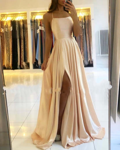 Stunning Spaghetti Straps Satin Evening Dress with Side Slit-BMbridal.com