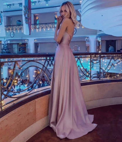 Stunning Spaghetti Straps Satin Evening Dress with Side Slit-BMbridal.com