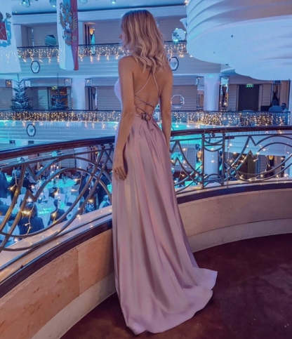 Stunning Spaghetti Straps Satin Evening Dress with Side Slit-BMbridal.com