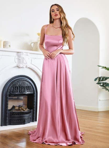 Stunning Spaghetti Straps Satin Floor Length Dress with Side Slit-BMbridal